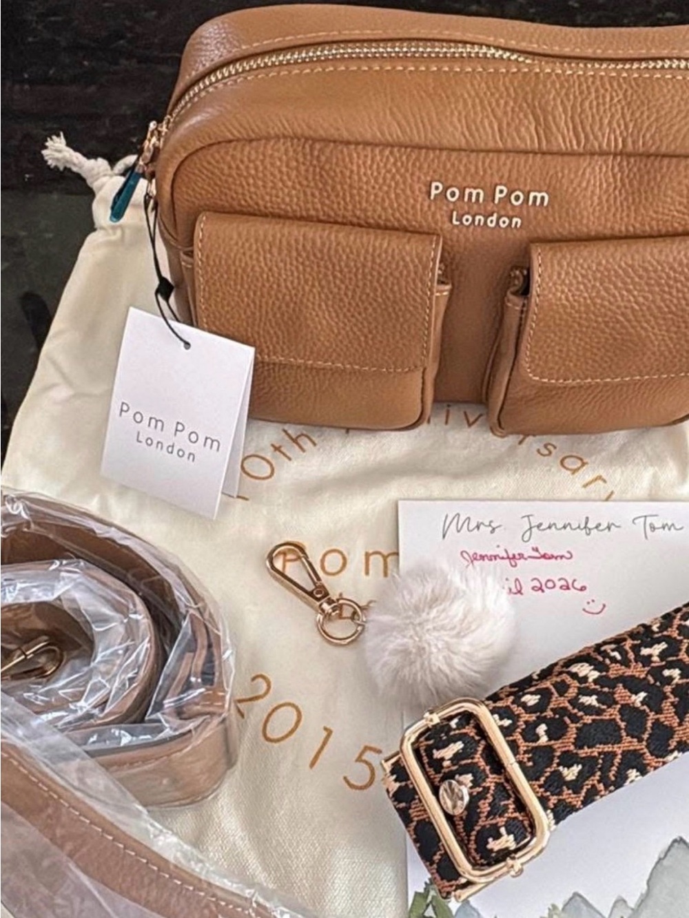 Pom Pom London Tan Pebbled Leather Crossbody Bag